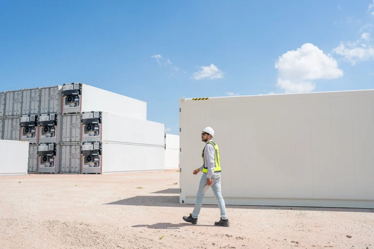 portable storage containers stacked in a yard with a worker in a high-vis jacket and hard hat walking by